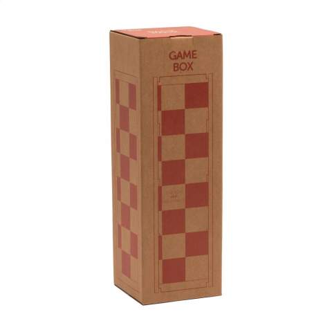Rackpack Gamebox Chess: a wine gift box and chess game in one. A gift box for one bottle of wine. The box fully opens to reveal a complete board game. Features wooden chess pieces in a sturdy canvas storage bag. The complete gift for a successful game night.  Rackpack: a wine gift box made of wood with a new second life!  • suitable for one bottle of wine • pine wood, FSC®100%-certified • wine not included. Each item is supplied in an individual brown cardboard box.