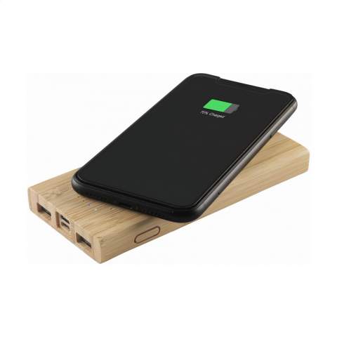 Powerful, durable and environmentally responsible wireless charging power bank made of natural bamboo with built-in lithium polymer battery (8000mAh). Quickly charges smartphones or tablets via the USB or Type-C ports and includes an integrated 5W wireless charging function for mobile devices that support QI wireless charging (newest generations Android and iPhone). Input 5V/2A. Output: 5V/2A. Wireless output: 5V/1A (5W). Includes 50 cm micro-USB (2A) charging cable, indicator lights, on/off button and user manual. Each item is individually boxed.
