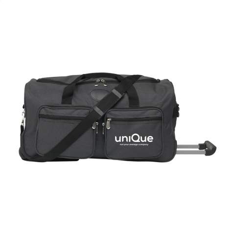 Exclusive luggage trolley bag with a telescopic handle, 2 wheels, a large main compartment and 4 front pockets with zips. Made of water repellent, duo-tone 600D polyester with a chic yet subtle checkered finish. Capacity approx. 31.5 litres.