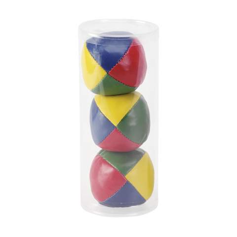 Juggling set: 3 colourful soft grain balls. In a tube.