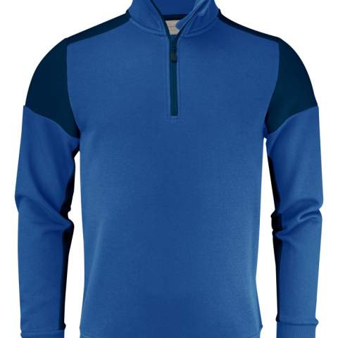 Bicolor sweatshirt met contrasterende, korte ritssluiting. Contrasterend neklint. 2x2 rib met elastaan aan de boord onderaan en aan de manchetten. Uitscheurbaar neklabel en afzonderlijk geweven maatlabel. Aan de binnenzijde van de linkerzijnaad werd een zakje voorzien voor het innaaien van een waschip. Oeko-Tex 100 gecertificeerd.
