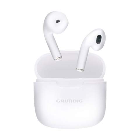 True wireless In-Ear écouteurs stéréo sans fil de la marque Grundig. Dans un étui  de rangement rechargeable. Les écouteurs utilisent la technologie Bluetooth (version 5.3) pour une connexion fluide et sont équipés d'un indicateur de batterie à LED. Les écouteurs peuvent être rechargés dans l'étui de chargement de 200 mAh en 1 heure et demie. Durée d'écoute maximale de 3 heures lorsqu'ils sont complètement chargés. Avec une excellente reproduction sonore, un volume réglable, un appairage automatique pour une connexion automatique et une commande tactile. Écoutez de la musique et répondez aux appels en mode mains libres sans vous déplacer grâce au microphone intégré. Portée jusqu'à 10 mètres. Comprend un câble de chargement USB-A/USB Type-C et un mode d'emploi. Emballage par pièce.