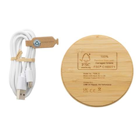 Chargeur sans fil de 5W en bambou certifié FSC® 100%. Compatible avec tous les appareils compatibles QI comme Android dernière génération, Iphone 8 et plus. Entrée: 5V/2A.  Induction : 5V/1A - 5W. Article et accessoires 100% sans PVC. Emballé dans une boite FSC®Mix. Câble micro USB en TPE  recyclé RCS de 150 cm inclus.<br /><br />WirelessCharging: true<br />PVC free: true