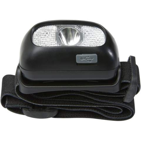 Never run out of batteries with this rechargeable high power IPX 3 rated headlight, ideal for when you need some light during outdoor activities. The comfortable polyester headband is adjustable and has an unstretched circumference of 60 cm. The headlight is lightweight (58 grams) and adjustable up to a 45 degrees angle. The 3W LED generates 90 lumen for a lighting time of 4.5 hours and has a beam distance of 100 meter. It also features 2 red LED lights with 3 modes (high/medium/low). The built-in lithium battery provides a capacity of 400mAh. Comes with an instruction manual and is packed in a recycled cardboard gift box (7 x 6.5 x 5 cm).