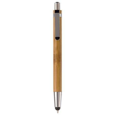 Stylo stylet en bambou avec poussoir, clip et pointe métal. Avec cartouche d'encre noire longue durée.
