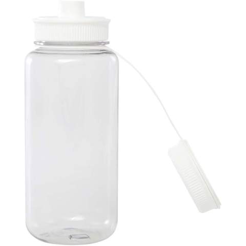 Einwandige Sportflasche aus RCS-zertifiziertem RPET mit Schraubverschluss und auslaufsicherem Deckel mit praktischem Tragegriff im Verschluss. Konstruktion mit zwei Öffnungen für einfache Reinigung und Befüllung. Entspricht dem von der EFSA (Europäische Behörde für Lebensmittelsicherheit) genehmigten PET-Recyclingverfahren. Fassungsvermögen: 900 ml.