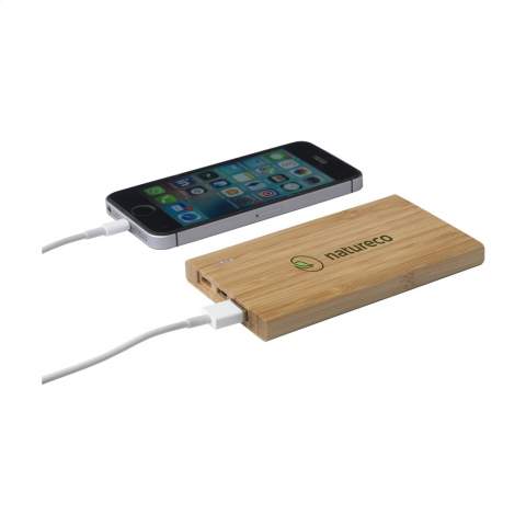 Compact, durable and environmentally responsible power bank made of natural FSC®100%-certified bamboo with built-in lithium polymer battery (4000mAh). Easily charges smartphones via the USB-port. Input 5V/2A (Type-C and micro-USB). Output: 5V/2A. With  indicator lights and on/off button. Includes charging cable with USB-C connection, USB-C connector and user manual. Each item is individually boxed.