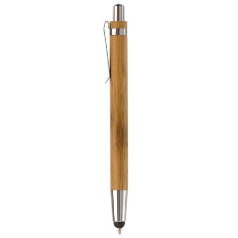 Stylo stylet en bambou avec poussoir, clip et pointe métal. Avec cartouche d'encre noire longue durée.