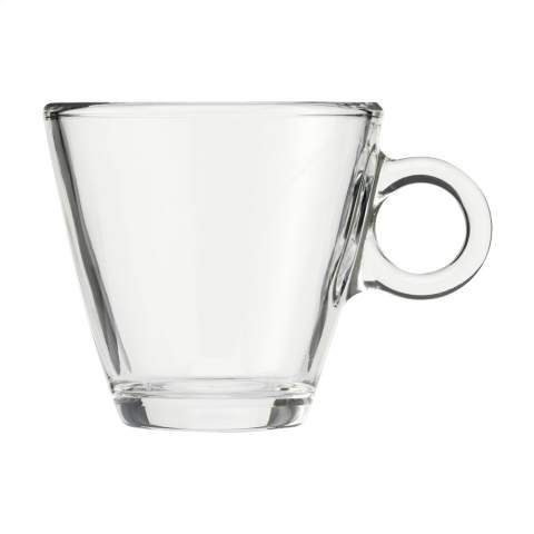 Coffee glass made of high-quality, hardened glass. Timeless model with a curved handle. Suitable for coffee and cappuccino. Capacity 230 ml. Made in Italy.