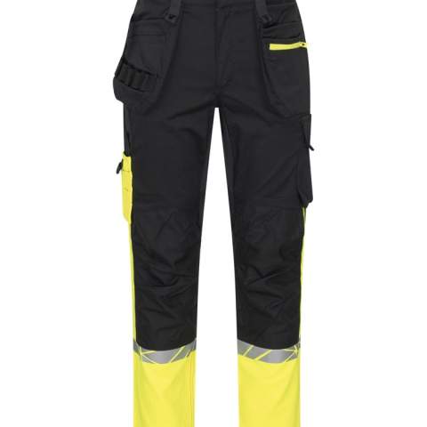 • Werkbroek met open zijzakken en achterzakken met extra breedte, linkerkant met klep en magnetische sluiting <br />• Holstertassen aan beide zijden voor gereedschap, pennen, etc <br />• Beenzakken, linkerzak met klep en magnetische sluiting, interne telefoonzak en houder voor ID-kaart <br />• Rechterzijde zak voor vouwmeter en zak voor gereedschap met messenknoop <br />• Kniebeschermingszakken, te openen aan de buitenkant met rits • Wijdere riemlus aan de achterkant om druk van de riem te voorkomen <br />• Verborgen knoop aan de voorkant • Voorgevormde knieën, stretchstof in het kruis en ingenaaide stretchband in de taille voor verhoogd comfort <br />• Cordura® versterking in de vouwmeterzak, achterzakken en over de knieën voor verhoogde duurzaamheid <br />• Waschipzakje<br /><br />Getest voor industrieel wassen volgens ISO 15797<br />Verhoogde zichtbaarheid volgens EN 17353<br />Geleverd in een bio-based, composteerbare polybag