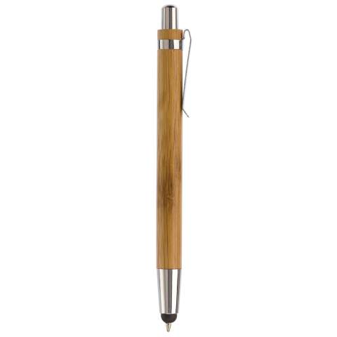 Stylo stylet en bambou avec poussoir, clip et pointe métal. Avec cartouche d'encre noire longue durée.