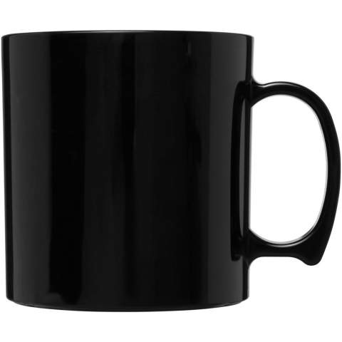Durable, single-wall plastic mug. Volume capacity is 300 ml. Made in the UK.