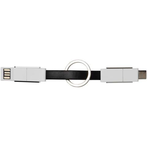 A 4-in-1 cable that covers all charging needs in one package. It features a USB type A, Type-C, and a 2-in-1 tip that is compatible with both iOS and Android devices. It can be used for charging and data transfer. Comes with a keychain and has magnets for convenient carrying.