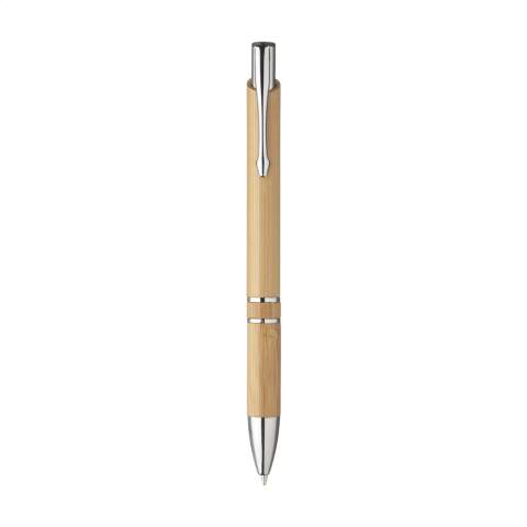 WoW! Stylo à encre bleue ou noire avec un joli corps en bambou, des anneaux chromées et un clip/bouton métallique.