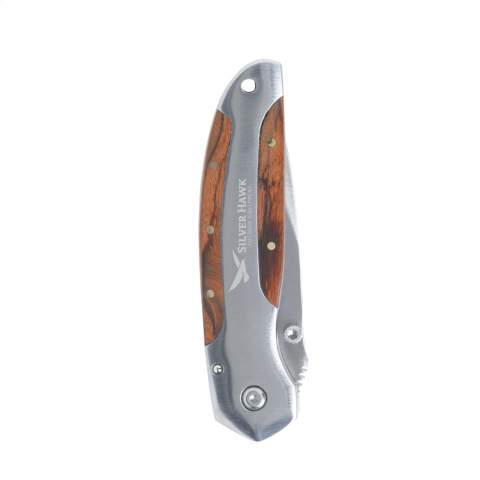 Robust stainless steel survival knife with serrated edge blade, wooden inlay in the handle and handy clip. Please note local rules may apply regarding the possession and/or carrying of knives or multitools in public.. Each item is individually boxed.