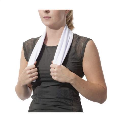 Special cooling towel made of 100% polyester. After immersing in cold water, this towel is an effective cooling instrument and a deterrent to sunburn. Size 30 x 80 cm. Ideal to wear as a neck cooler. Comes in a transparant case with ABS screw cap with carabiner hook.