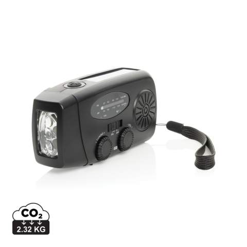 Blijf voorbereid op elke situatie met de RescueWave, een veelzijdige noodradio die je verbonden en van stroom voorziet. Met AM/FM-radio, een zonnepaneel, een geïntegreerde 1W-zaklamp, een USB-uitgang en een USB-C-ingang biedt dit compacte apparaat alles wat je nodig hebt voor onverwachte momenten. De ingebouwde 1800mAh-batterij kan je telefoon opladen, zodat je altijd over cruciale energie beschikt wanneer dat het meest nodig is. Het handslingermechanisme zorgt voor betrouwbare functionaliteit: slechts 1 minuut slingeren levert 5 minuten radiogebruik of 30 minuten zaklamplicht op, waardoor het een onmisbaar hulpmiddel is voor noodsituaties. Bij volledige oplading kan de radio tot 15 uur radiouitzending of 8 uur zaklamplicht ondersteunen. Gemaakt van RCS-gecertificeerde gerecyclede materialen gerecycled ABS-plastic. RCS (Recycled Claim Standard) is een standaard die het gerecyclede materiaal in een product door de hele toeleveringsketen verifieert. Totaal gerecycled content: 38%.<br /><br />NumberOfSpeakers: 1<br />SpeakerOutputW: 2.00<br />Lightsource: LED<br />LightsourceQty: 3<br />PVC free: true