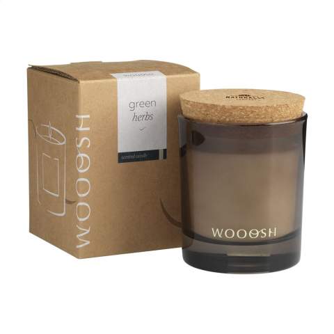 Decorative Wooosh scented candle poured into a beautifully polished glass jar supplied with a cork lid. This candle creates a pleasant scent and a peaceful atmosphere. The scented candle is made from wax, 5% of which is eco-friendly soy wax, and 5% fragrance oil. As soon as you light the candle you experience harmony and nature. This spicy scent sensation contributes to peace and relaxation while practicing yoga and meditation. It is a refreshing experience in a wellness area or in your bathroom. This luxurious scented candle fits in any environment and has no less than 32 burning hours.   When you light the candle for the first time, let the top layer of wax melt completely. This ensures an even burn and the best possible fragrance experience. The perfect gift for any occasion. Each item is supplied in a luxurious Wooosh gift box.