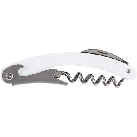 Stainless steel waitress knife with a coloured body featuring a foil cutter and bottle opener.