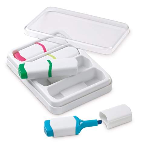 Set with four mini highlighters in useful plastic box with transparent lid. The highlighters are in a unique Toppoint design. The coloured details of the highlighter show the writing colours.