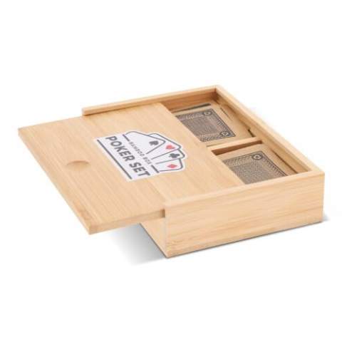 A bamboo box with 2 sets of playing cards. With this set, you'll always be ready for game night.