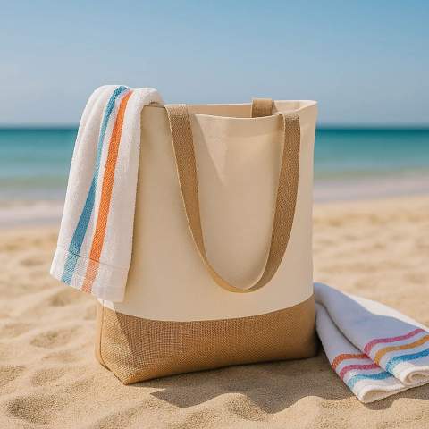 Strapazierfähige Tasche mit Vorder- und Rückwand aus Baumwoll-Canvas und Bodenfalte aus Jute - alles 320 g/m². Oeko-Tex® zertifiziert für sichere, geprüfte Materialien. Eine praktische und stilvolle Option für den Einzelhandel, Veranstaltungen oder den täglichen Gebrauch.
