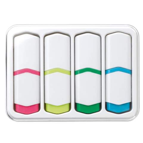 Set with four mini highlighters in useful plastic box with transparent lid. The highlighters are in a unique Toppoint design. The coloured details of the highlighter show the writing colours.