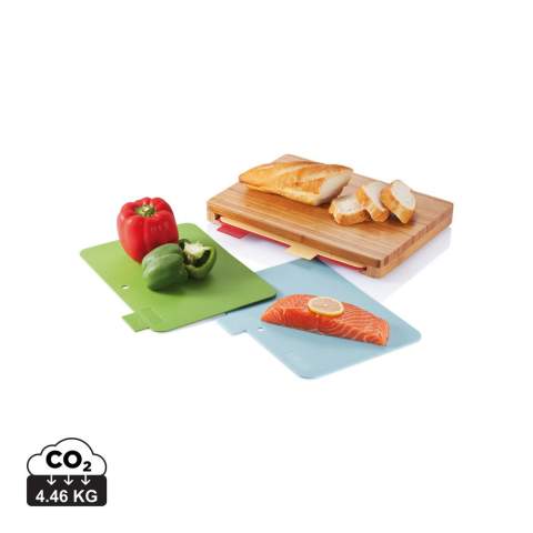 Set de 4 planches à découper (vert, jaune, bleu, rouge) en PP, avec une icône indiquant quel type d’aliment utiliser, passable au lave vaisselle. Celles-ci peuvent être rangées dans ce support en bambou, utilisable aussi en tant que planche à découper (dimensions: 35x25cm).