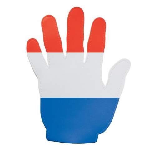 Grote evenementenhand in de kleuren van de Nederlandse vlag met een aanzienlijk bedrukkingsoppervlak. Het unieke formaat van deze hand zorgt voor een opvallende verschijning. 