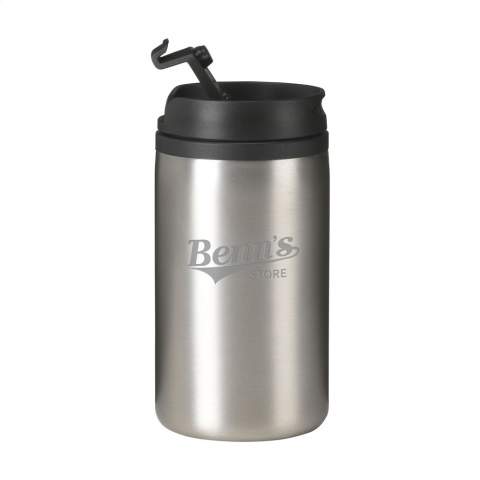 Double-walled thermo cup with stainless steel exterior and plastic interior, screw cap with click opening and antislip holder. Capacity 300 ml. Each item is individually boxed.