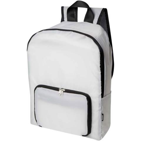 Designed for convenience and practicality, this lightweight yet durable backpack adapts to your needs by folding neatly into a compact pouch with a webbing loop to hang or carry easily, making it perfect for travellers, hikers, and everyday use. Featuring a zipped main compartment, a zipped front pocket, two side pockets, and adjustable shoulder straps. Made of PVC free recycled polyester. Volume capacity: 15 litres.