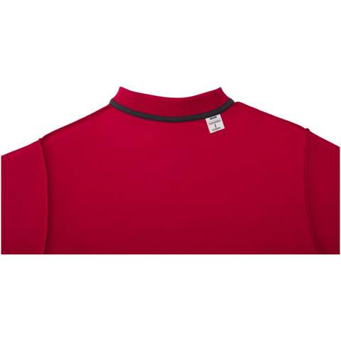 Interior custom branding options. Tearaway-cutaway main label for tagless comfort. Flat knit collar. Two button placket. Double needle stitching detail. Dyed-to-match buttons. Necktape in contrast colour. 