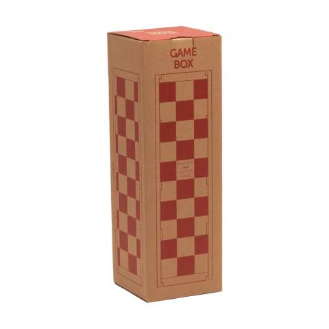 Rackpack Gamebox Checkers: a wine gift box and checkers in one. A gift box for one bottle of wine. The box fully opens to reveal a complete board game. Features wooden checkers in a sturdy canvas storage bag. The complete gift for a successful game night.  Rackpack: a wine gift box made of wood with a new second life!  • suitable for one bottle of wine • pine wood, FSC®100%-certified • wine not included. Each item is supplied in an individual brown cardboard box.