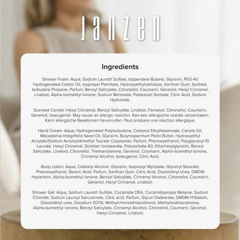 Eine Geschenkpackung mit 5 Artikel mit dem Duft Skin 90 von der Marke Janzen. Garantierte Zen-Stimmung mit den Heim- und Körperpflegeprodukten in diesem Geschenkset. Inhalt: • Shower Foam - 200 ml • Scented Candle - 120 g • Hand Cream - 75 ml • Body Lotion - 40 ml • Shower Gel - 40 ml. Fünf tolle Heim- und Körperpflegeprodukte, die für absolute Glücks- und Entspannungsmomente sorgen.             Skin 90 ist ein aufgeweckter und fröhlicher Duft. Die Kirschblüte wird in Japan fast religiös verehrt. Mit hellrosa Blättern und einem angenehmen Duft ist der Baum ein wahres Fest für die Sinne. Die subtilen Noten der Kirschblüte wechseln sich in diesem Parfüm mit dem frischen Duft von Lilien und dem kräftigen Aroma der Tonkabohne ab. Die eleganten Artikel sind in einem hochwertigen Geschenkkarton verpackt. Pro Set in einer Verpackung.