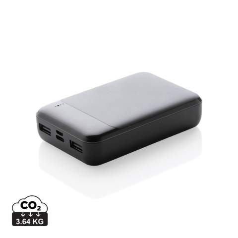 10.000 mAh pocket size powerbank where the case is made out of RCS certified recycled ABS plastic. RCS (Recycled Claim Standard) is a standard to verify the recycled content of a product throughout the whole supply chain. Total recycled content: 15% based on total item weight. When fully charged the powerbank provides you with enough energy to re-charge your mobile phone up to five times. The powerbank contains a long lasting grade A 10.000 mAh high-density lithium polymer battery. The power indicators will indicate the remaining energy level so you always know when to re-charge. Micro USB Input 5V/2A; Type-C Input 5V/2A;  USB output 5V/2A; Item and accessories PVC free. Including PVC free recycled TPE material charging cable.<br /><br />PowerbankCapacity: 10000<br />PVC free: true