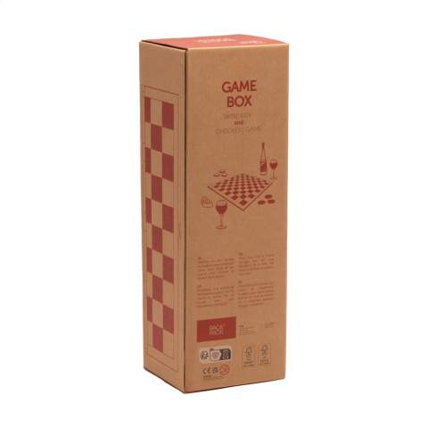 Rackpack Gamebox Checkers: a wine gift box and checkers in one. A gift box for one bottle of wine. The box fully opens to reveal a complete board game. Features wooden checkers in a sturdy canvas storage bag. The complete gift for a successful game night.  Rackpack: a wine gift box made of wood with a new second life!  • suitable for one bottle of wine • pine wood, FSC®100%-certified • wine not included. Each item is supplied in an individual brown cardboard box.
