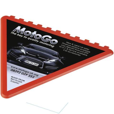 Triangular-shaped windshield scraper with a large decoration area. Each of the 3 sides can be used to remove ice from the windshield. Made in the UK from recycled plastic. The ice scraper has a speckled finish due to the nature of the recycled material.