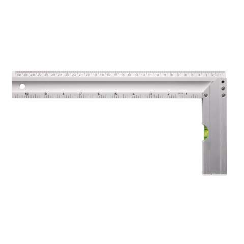 Professional aluminum square ruler with integrated level optimal to measure corners and draw squares. Double sided printing with indication in CM (30) and inches (10) Level Accuracy 0.5mm<br /><br />TapeLengthMeters: 0.30<br />PVC free: true