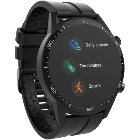 Smartwatch met lichaamstemperatuurthermometer, 1,3 inch-touchscreen en geïntegreerde camera. Houdt de dagelijkse fysieke activiteit bij en heeft een multisportmodus. Batterij 3,7 V / 240 mAh. RAM 128 KB / ROM 64 MB.