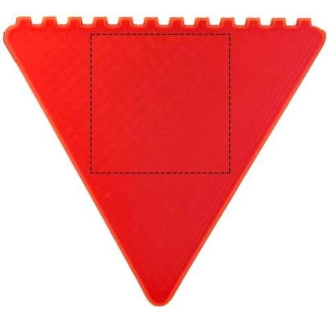 Triangular-shaped windshield scraper with a large decoration area. Each of the 3 sides can be used to remove ice from the windshield. Made in the UK from recycled plastic. The ice scraper has a speckled finish due to the nature of the recycled material.