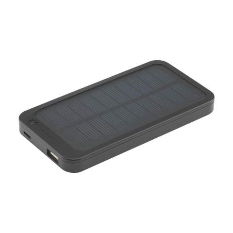 Powerful, high-capacity power bank with solar panel and built-in rechargeable polymer battery (4000mAh). Can be charged with solar energy or mains electricity (using USB port). The casing is made from recycled ABS. Input: 5V/1A. Output: 5V/1A. Includes charging cable with USB-C connection, USB-C connector and user manual. Each item is individually boxed.