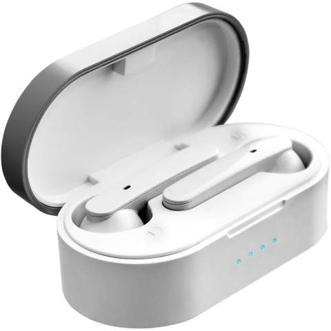 Kabellose Ohrhörer mit Bluetooth® 5.0 für eine qualitativ hochwertige Verbindung mit dem gekoppelten Gerät. Integriertes Mikrofon mit Freisprechfunktion zum Telefonieren. Zusätzliche Funktionen, die mit den Ohrhörern gesteuert werden können: Ein-/Ausschalten, Sprachassistent, Musiksteuerung, Lautstärkeregelung, Anrufe Annehmen/Abweisen/Beenden.