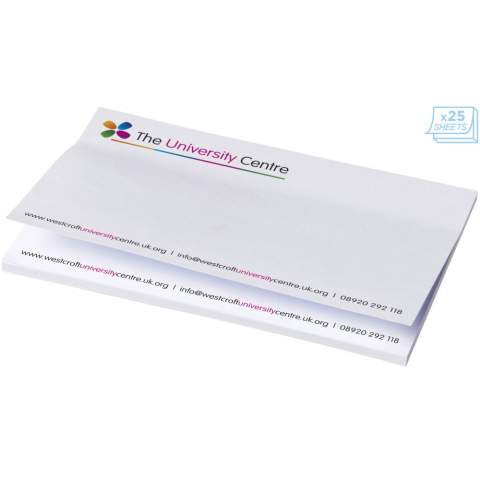 Mémo-autocollants Sticky-Mate® comprenant des feuilles auto-collantes de papier vierge de 80 g/m² en différentes couleurs. Marquage en couleurs pleines possible sur chaque feuille.Trois tailles possibles  (25/50/100 feuilles).