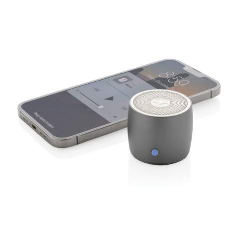 Small but powerful 3W wireless speaker made with RCS (Recycled Claim Standard) certified recycled aluminum and recycled ABS. Total recycled content: 28% based on total item weight. RCS certification ensures a completely certified supply chain of the recycled materials. Aluminum does not lose its characteristics in the recycling process and can be recycled endlessly. Including recycled type C charging cable made from RCS certified recycled TPE. Packed in FSC® mix packaging. The 500 mah battery allows a playtime up to 4 hours and can be fully re-charged in 2 hours. With BT 5.0 for smooth connection up to 10 metres. Item and accessories PVC free.<br /><br />HasBluetooth: True<br />NumberOfSpeakers: 1<br />SpeakerOutputW: 3.00<br />PVC free: true