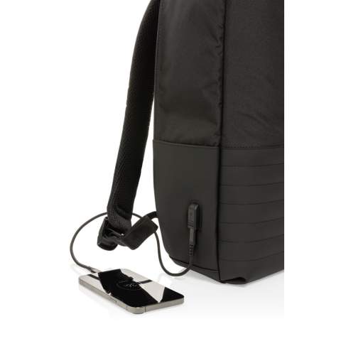 This Swiss Peak AWARE™ 15.6" laptop backpack with anti-theft back opening makes it easy to carry your tech gadgets and personal items out and about. The inner features a laptop and tablet compartment. RFID safe pockets for your wallet and passport. Connect your power bank easily to the integrated USB Type-C charging port and charge your phone or tablet on the go. Hidden easy access back pocket. With AWARE™ tracer that validates the genuine use of recycled materials. Each bag has reused 20.8 PET bottles. 2% of proceeds of each Aware™ product sold will be donated to Water.org.<br /><br />FitsLaptopTabletSizeInches: 15.6<br />PVC free: true