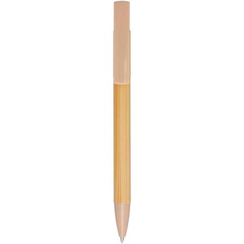 Bamboo-Kugelschreiber, der auch als Telefonhalterung fungiert. Der Knopf und der Mittelring bestehen aus recyceltem Kunststoff, die Spitze aus Messing und der Schaft aus nachhaltig angebautem Bambus. Tintenfarbe: Schwarz. Schreiblänge: 1000 Meter. Strichstärke: 1,0 mm.