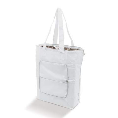 Foldable portable cool bag. Bag can be folded into a small pouch and closed by zipper. Additional compartment on the side.