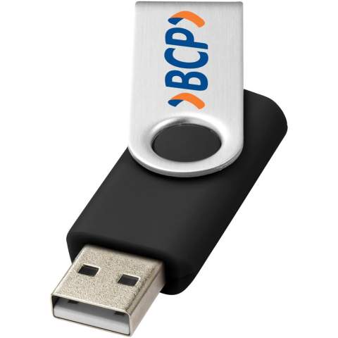 With the Rotate-basic 2GB flash drive it's easy and secure to share, move, and back up your files. The plastic flash drive features a 360-degree rotating and lightweight aluminium body that facilitates opening and closing and protects the drive when not in use. Plug and play technology - compatible with Windows and MacOS operating systems. USB 2.0 with a write speed of 2.92 MB/s and a read speed of 9.76 MB/s. The USB stick is available in different colours and offers various possibilities for printing any logo.   