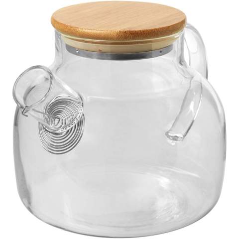 Theepot van borosilicaatglas met een bamboe deksel en een roestvrijstalen theezeefje. Door de aard van het bamboemateriaal kan de kleur licht variëren. Inhoud: 1000 ml.