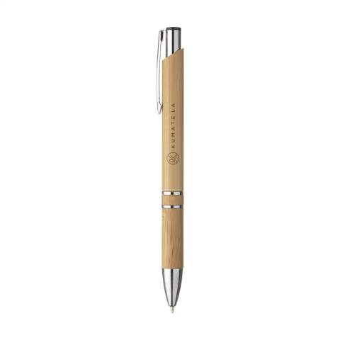 WoW! Stylo à encre bleue ou noire avec un joli corps en bambou, des anneaux chromées et un clip/bouton métallique.